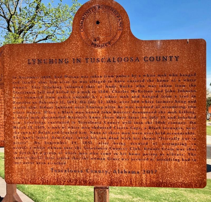 Lynching in Tuscaloosa County replica marker.. Click for full size. Lynching in Tuscaloosa County replica marker. image. Click for full size.