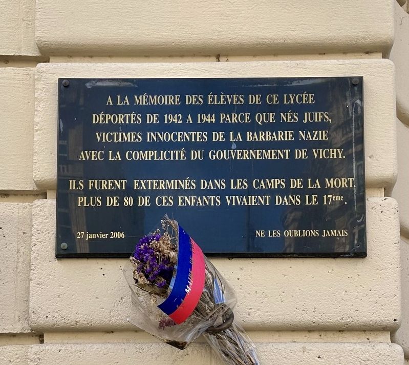 Lycée Carnot Deported Jewish Students Memorial Marker. Click for full size. Lycée Carnot Deported Jewish Students Memorial Marker image. Click for full size.