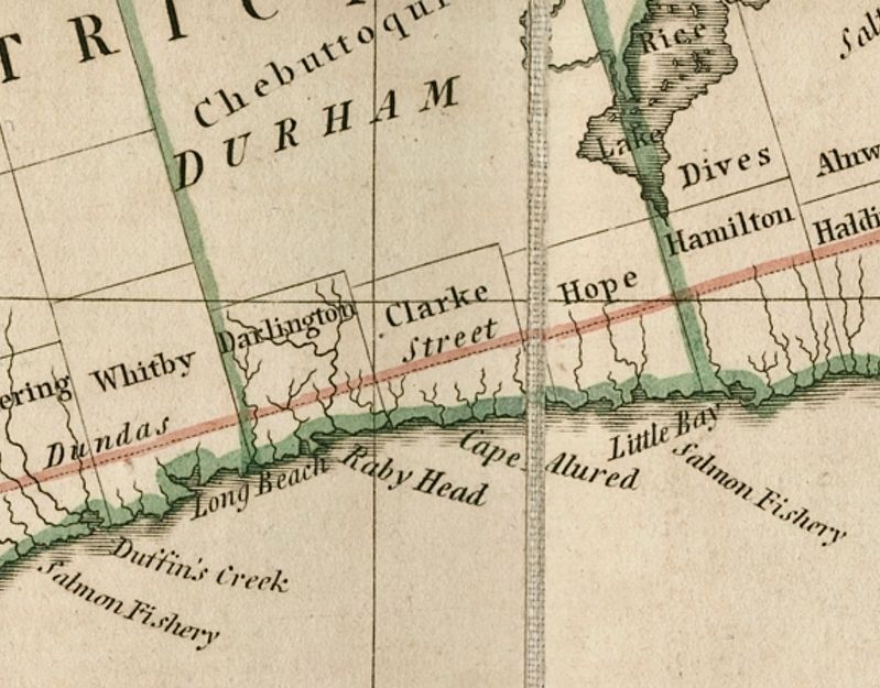 Clarke Township, shown on an 1800 map of Upper Canada image. Click for full size.