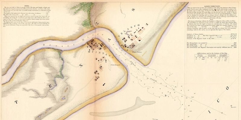 Portion of "Entrance to Brazos River, Texas" USCS map, published 1858, topography from 1852 image. Click for full size.