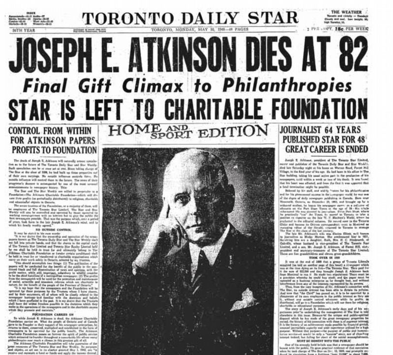 Toronto Star front page on the the death of Joseph E. Atkinson, 1948 image. Click for full size.