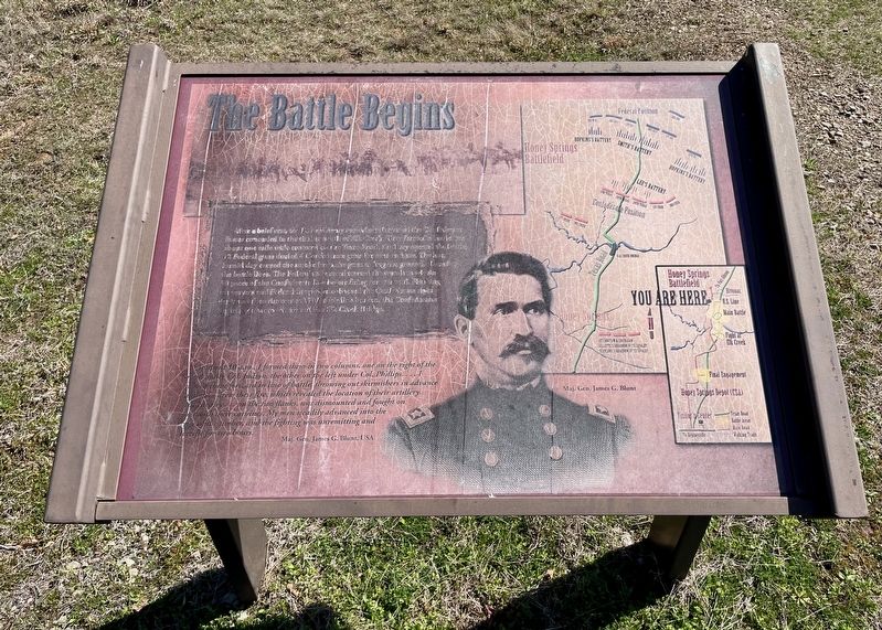 Badly weathered "The Battle Begins" Marker image. Click for full size.