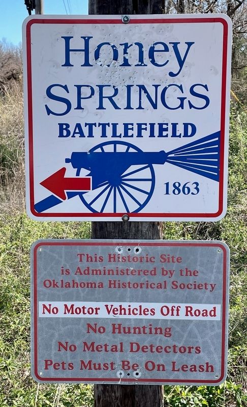 Honey Springs Battlefield directional sign.. Click for full size. Honey Springs Battlefield directional sign. image. Click for full size.