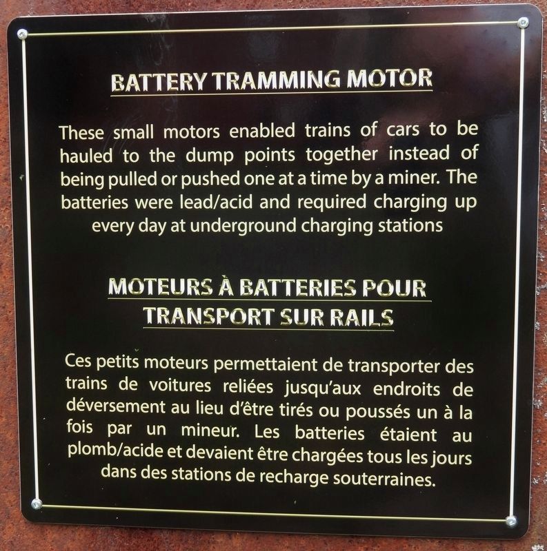 Battery Tramming Motor / Moteurs à batteries pour transport sur rails Marker. Click for full size. Battery Tramming Motor / Moteurs à batteries pour transport sur rails Marker image. Click for full size.