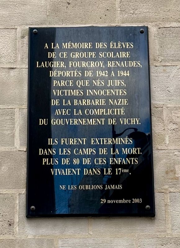 Laugier, Fourcroy, Renaudes Deported Jewish Student Memorial Marker image. Click for full size.