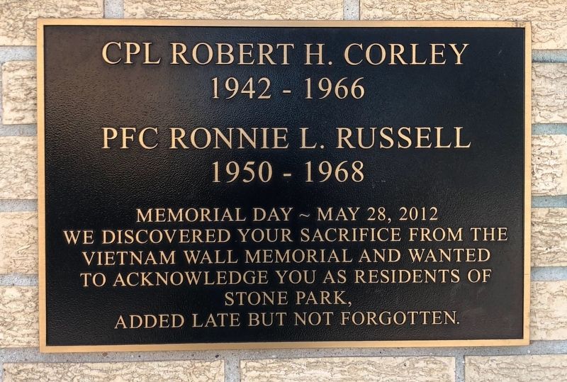 Cpl. Robert H. Corley and Pfc. Ronnie L. Russell Marker. Click for full size. Cpl. Robert H. Corley and Pfc. Ronnie L. Russell Marker image. Click for full size.