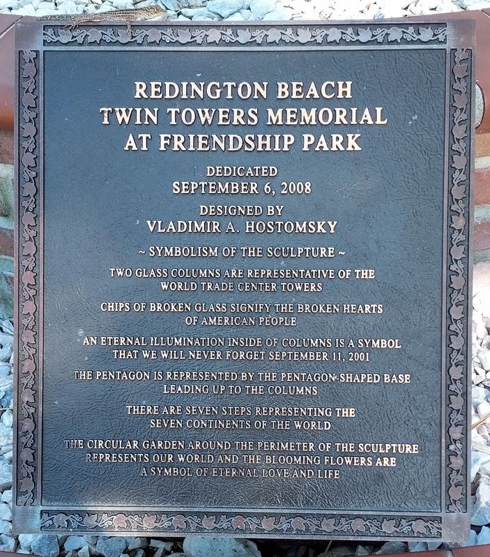 Redington Beach Twin Towers Memorial at Friendship Park Marker. Click for full size. Redington Beach Twin Towers Memorial at Friendship Park Marker image. Click for full size.