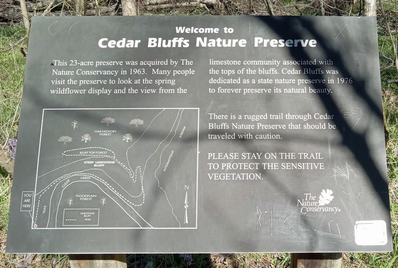 Welcome to Cedar Bluffs Nature Preserve Marker. Click for full size. Welcome to Cedar Bluffs Nature Preserve Marker image. Click for full size.