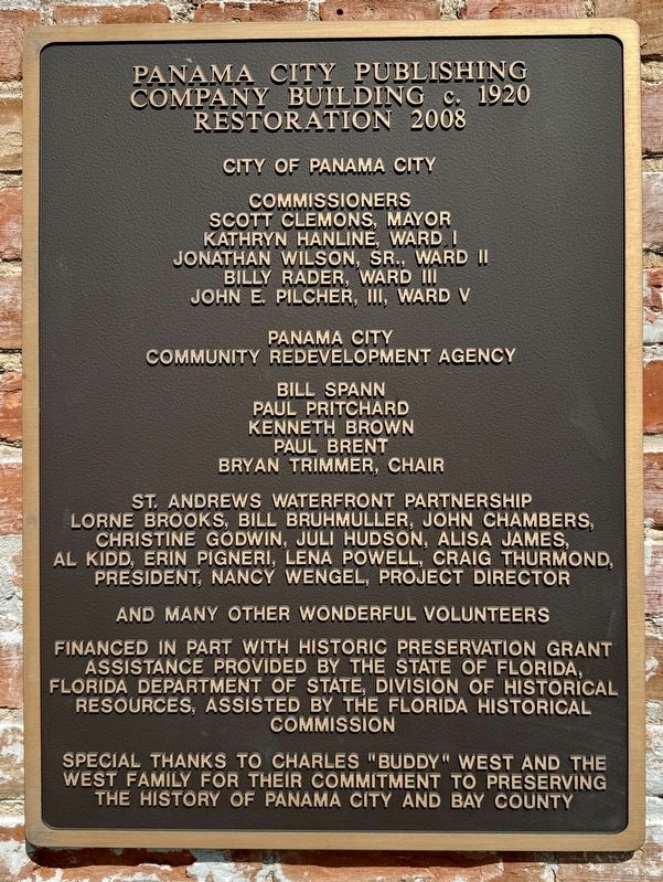 Panama City Publishing Company Renovation Plaque. Click for full size. Panama City Publishing Company Renovation Plaque image. Click for full size.
