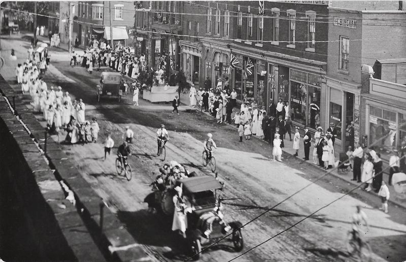 Parade on King Street, Bowmanville, early 1900s image. Click for full size.