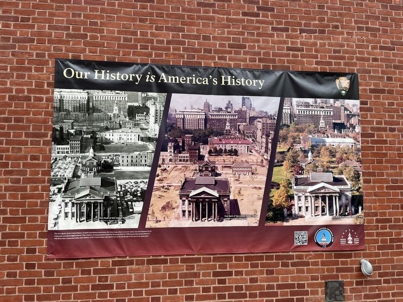 Nearby banner about the preservation of the First Bank of the United States image. Click for full size.