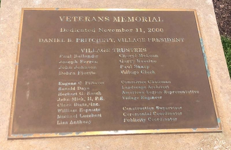 Veterans Memorial dedication plaque image. Click for full size.
