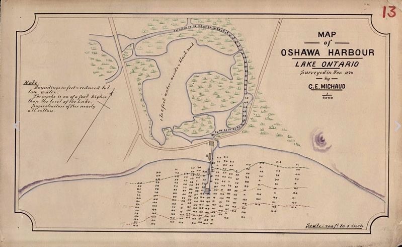 Oshawa Harbour, 1874, location of the Guy House image. Click for full size.