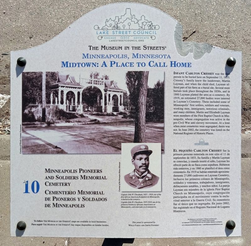 Minneapolis Pioneers and Soldiers Memorial Cemetery Marker. Click for full size. Minneapolis Pioneers and Soldiers Memorial Cemetery Marker image. Click for full size.