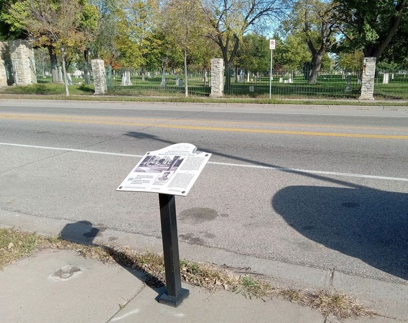 Marker opposite the Minneapolis Pioneers and Soldiers Memorial Cemetery image. Click for full size.