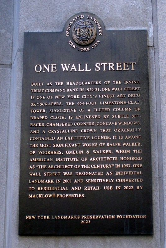 One Wall Street plaque. Click for full size. One Wall Street plaque image. Click for full size.