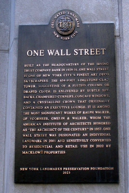 One Wall Street plaque image. Click for full size.
