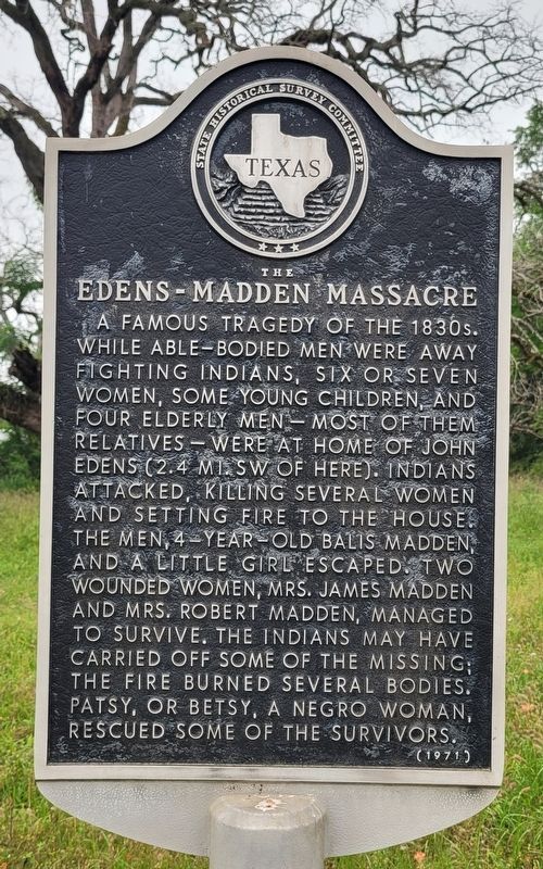 The Edens-Madden Massacre Marker. Click for full size. The Edens-Madden Massacre Marker image. Click for full size.