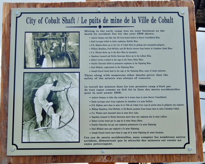City of Cobalt Shaft / Le puits de mine de la Ville de Cobalt Marker image. Click for full size.