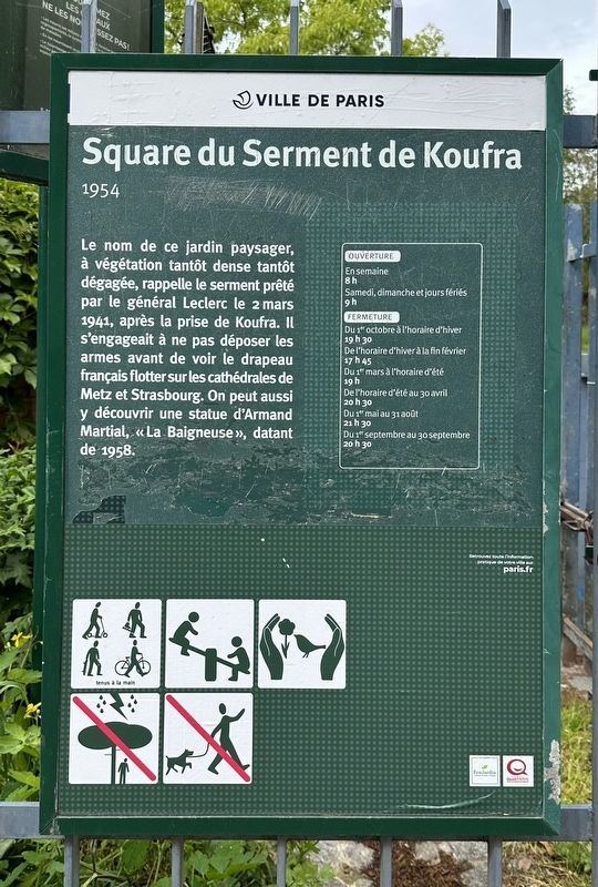 Square du Serment de Koufra 1954 Marker. Click for full size. Square du Serment de Koufra 1954 Marker image. Click for full size.