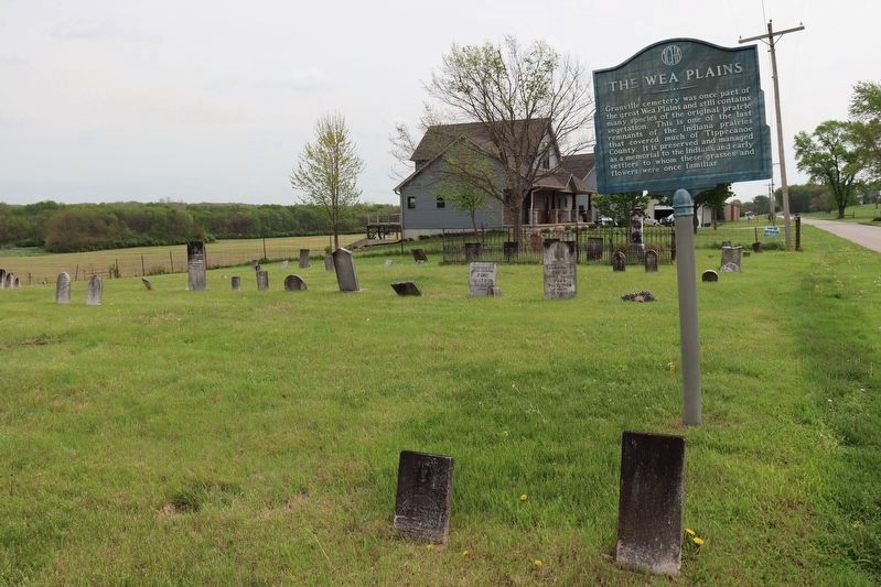 The Wea Plains Marker in front of the Granville Cemetery image. Click for full size.