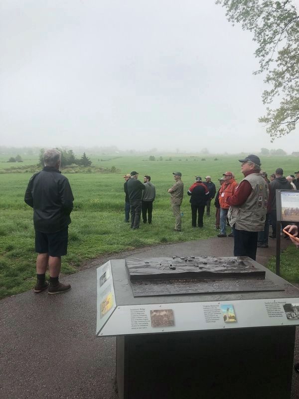 The marker with the fog-shrouded field of Pickett's Charge in the background. Click for full size. The marker with the fog-shrouded field of Pickett's Charge in the background image. Click for full size.