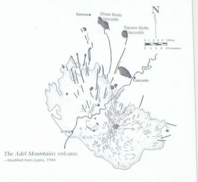 A Volcanic Island in the Rocky Mountains Marker detail, The Adel Mountains volcano image. Click for full size.