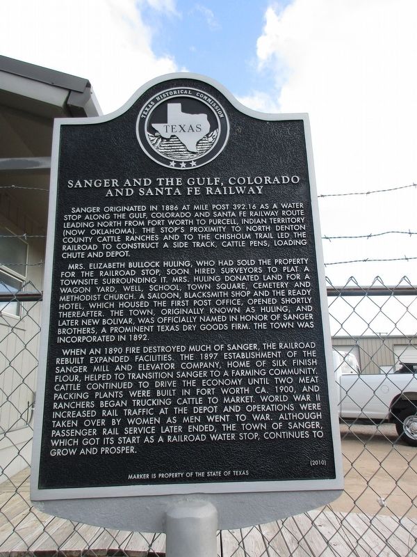 Sanger and the Gulf, Colorado and Santa Fe Railway Marker. Click for full size. Sanger and the Gulf, Colorado and Santa Fe Railway Marker image. Click for full size.