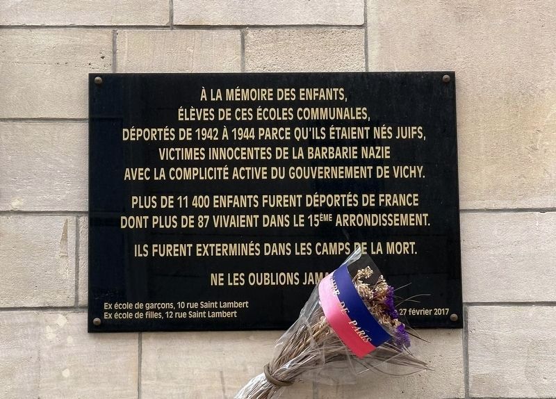 Écoles Elementaire Saint Lambert Deported Jewish Students Memorial. Click for full size. Écoles Elementaire Saint Lambert Deported Jewish Students Memorial image. Click for full size.
