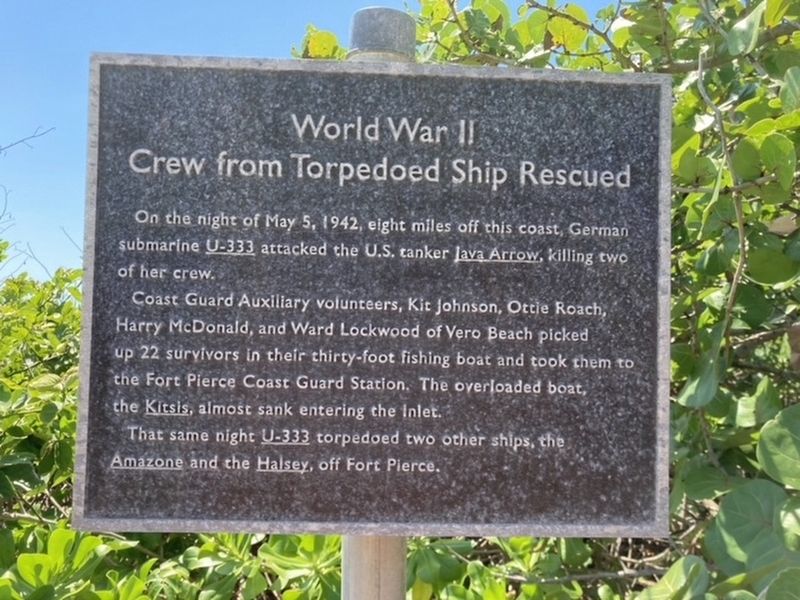 World War II Crew from Torpedoed Ship Rescuced Marker. Click for full size. World War II Crew from Torpedoed Ship Rescuced Marker image. Click for full size.