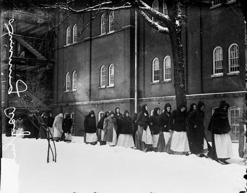 Patients outdoors in the snow at Chicago State Hospital image. Click for full size.