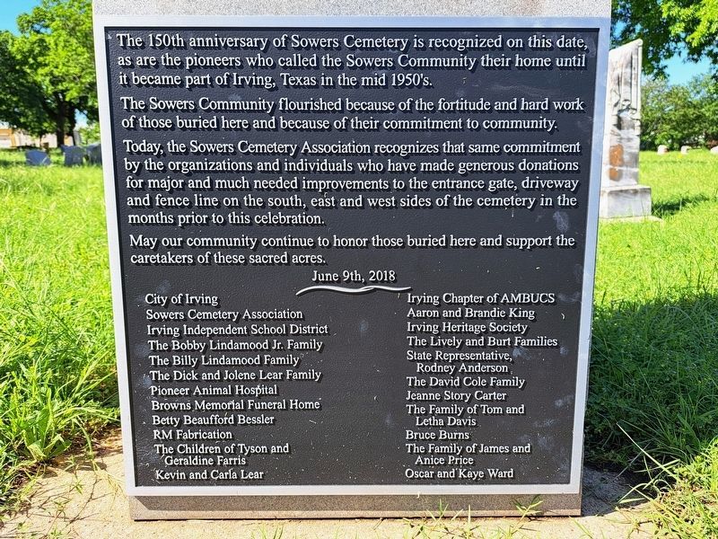 Sowers Cemetery - 150th Anniversary plaque image. Click for full size.