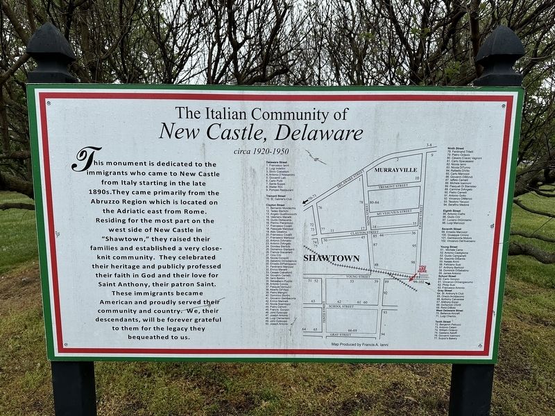 The Italian Community of New Castle, Delaware Marker. Click for full size. The Italian Community of New Castle, Delaware Marker image. Click for full size.