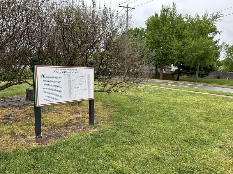 The Italian Community of New Castle, Delaware Marker wide view. Click for full size. The Italian Community of New Castle, Delaware Marker wide view image. Click for full size.