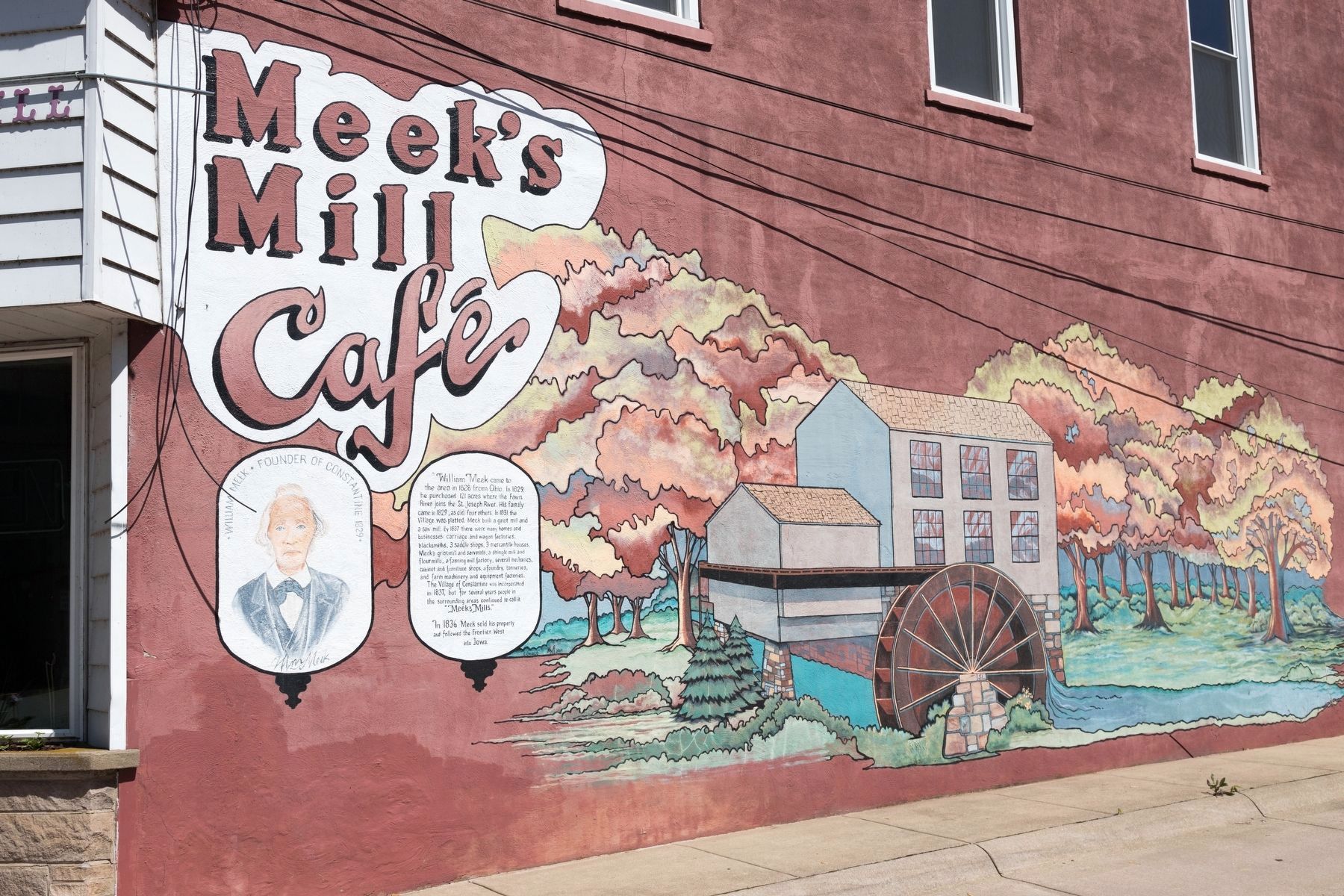 William Meek Marker and Mural at Meeks Mill Cafι. Click for full size. William Meek Marker and Mural at Meeks Mill Cafι image. Click for full size.