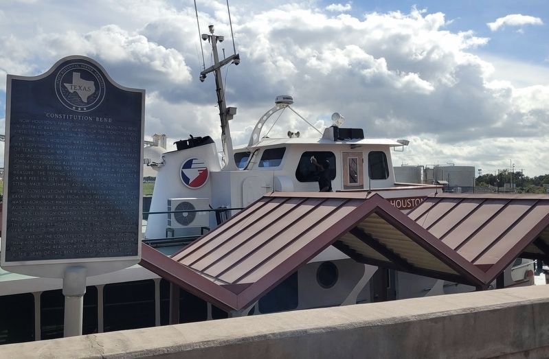 The "Constitution" Bend Marker next to the M/V Sam Houston boat image. Click for full size.