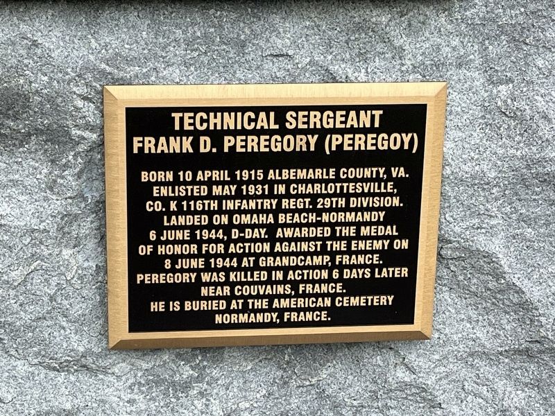 Technical Sergeant Frank D. Peregory (Peregoy) plaque image. Click for full size.