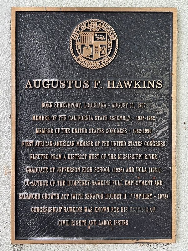 Augustus F. Hawkins Marker. Click for full size. Augustus F. Hawkins Marker image. Click for full size.