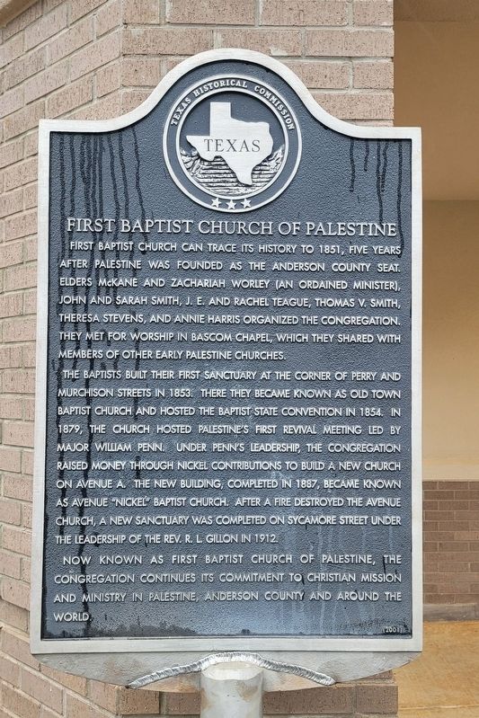 First Baptist Church of Palestine Marker image. Click for full size.