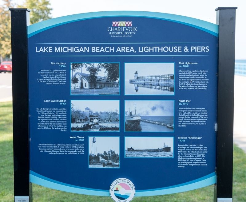 Lake Michigan Beach Area, Lighthouse & Piers side of marker image. Click for full size.