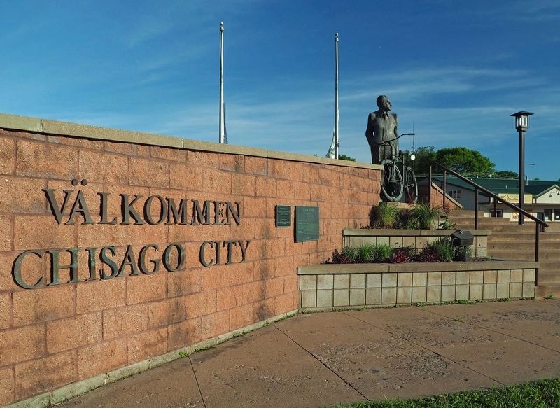 Marker (left) at the entrance to Vilhelm Moberg Park. Click for full size. Marker (left) at the entrance to Vilhelm Moberg Park image. Click for full size.
