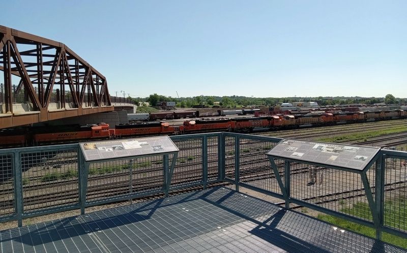 Colossal Grain Elevators and a Macaroni Factory Marker (left) at the Northtown Railyard Overlook. Click for full size. Colossal Grain Elevators and a Macaroni Factory Marker (left) at the Northtown Railyard Overlook image. Click for full size.