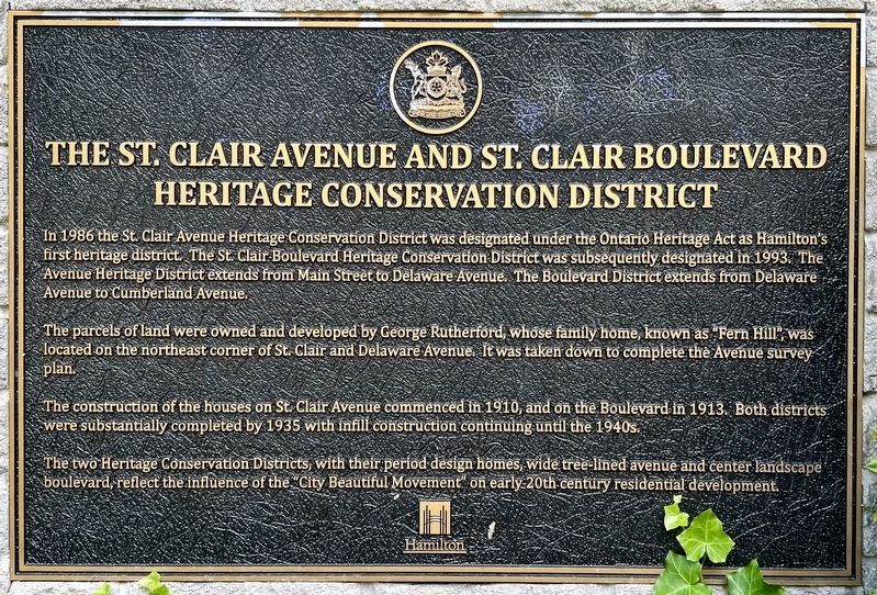 The St. Clair Avenue and St. Clair Boulevard Heritage Conservation District Marker. Click for full size. The St. Clair Avenue and St. Clair Boulevard Heritage Conservation District Marker image. Click for full size.