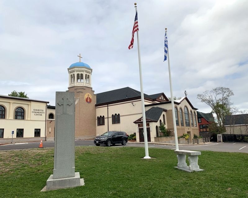 World War II Memorial & Greek Orthodox Church. Click for full size. World War II Memorial & Greek Orthodox Church image. Click for full size.