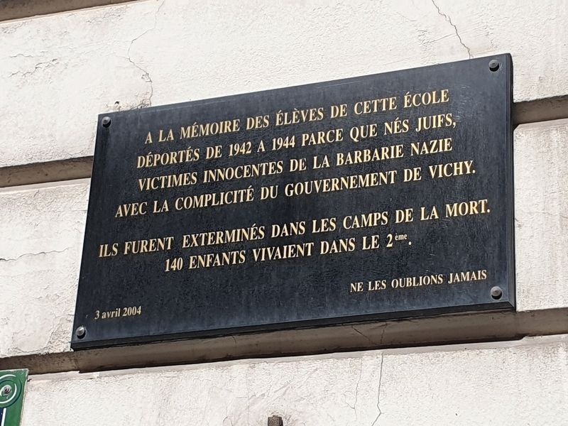 Rue Vivienne Deported Jewish Children Memorial Marker. Click for full size. Rue Vivienne Deported Jewish Children Memorial Marker image. Click for full size.