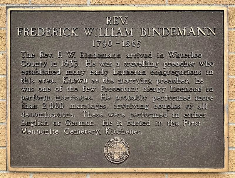 Rev. Frederick William Bindemann Marker image. Click for full size.