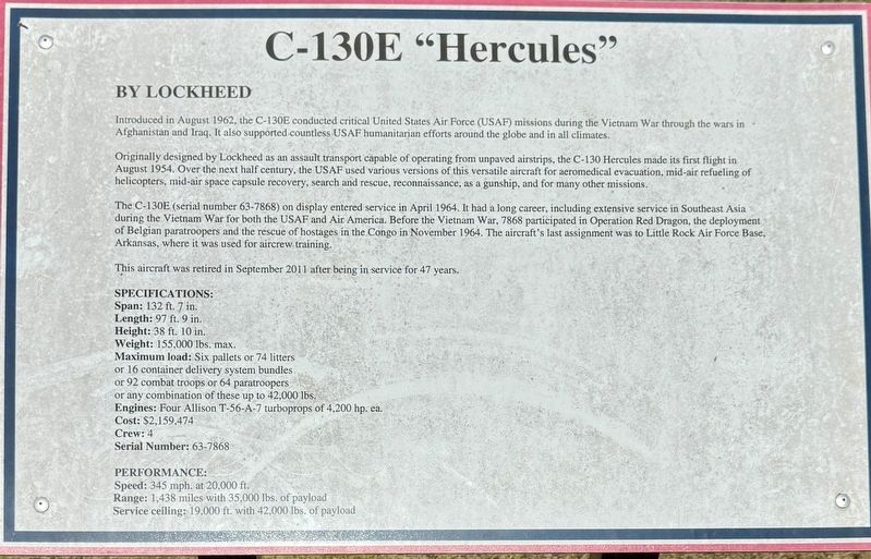 C-130E “Hercules” Marker. Click for full size. C-130E “Hercules” Marker image. Click for full size.