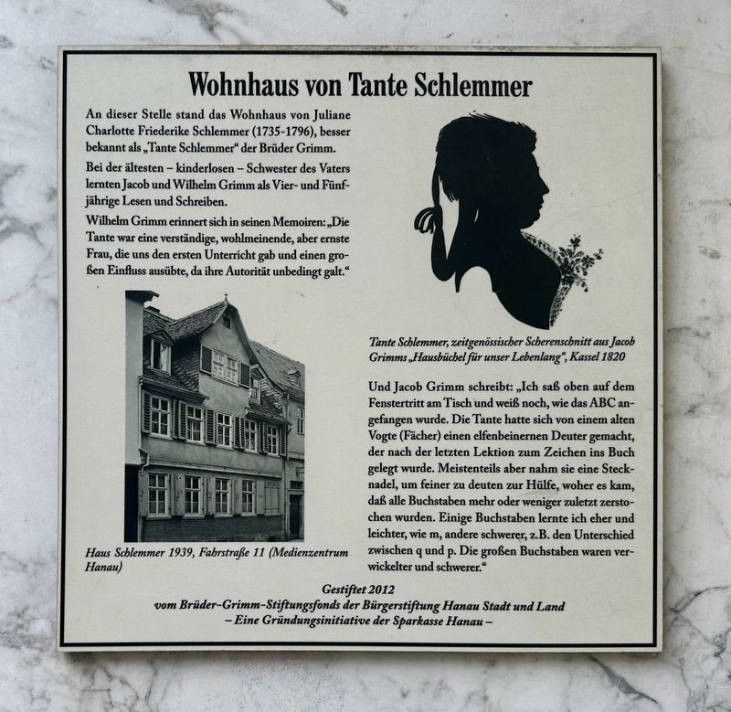 Wohnhaus der Tante Schlemmer / Residence of Auntie Schlemmer Marker. Click for full size. Wohnhaus der Tante Schlemmer / Residence of Auntie Schlemmer Marker image. Click for full size.
