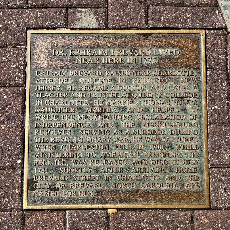 Dr. Ephraim Brevard Lived Near Here In 1775 Marker. Click for full size. Dr. Ephraim Brevard Lived Near Here In 1775 Marker image. Click for full size.