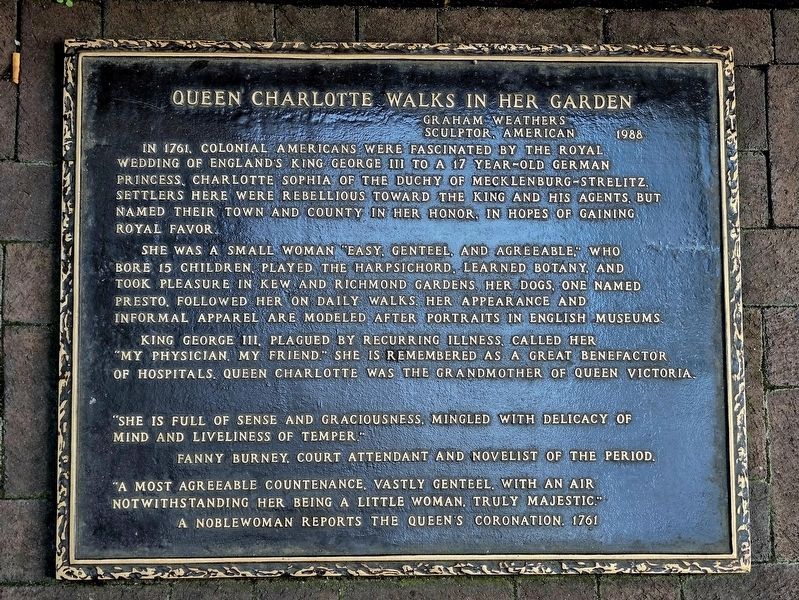 Queen Charlotte Walks In Her Garden Marker. Click for full size. Queen Charlotte Walks In Her Garden Marker image. Click for full size.